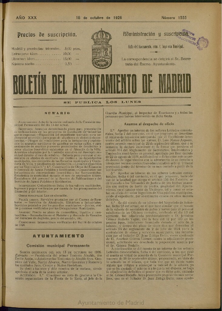 Miniatura de Boletín Oficial del Ayuntamiento de Madrid del 18 de octubre de 1926, nº 1555