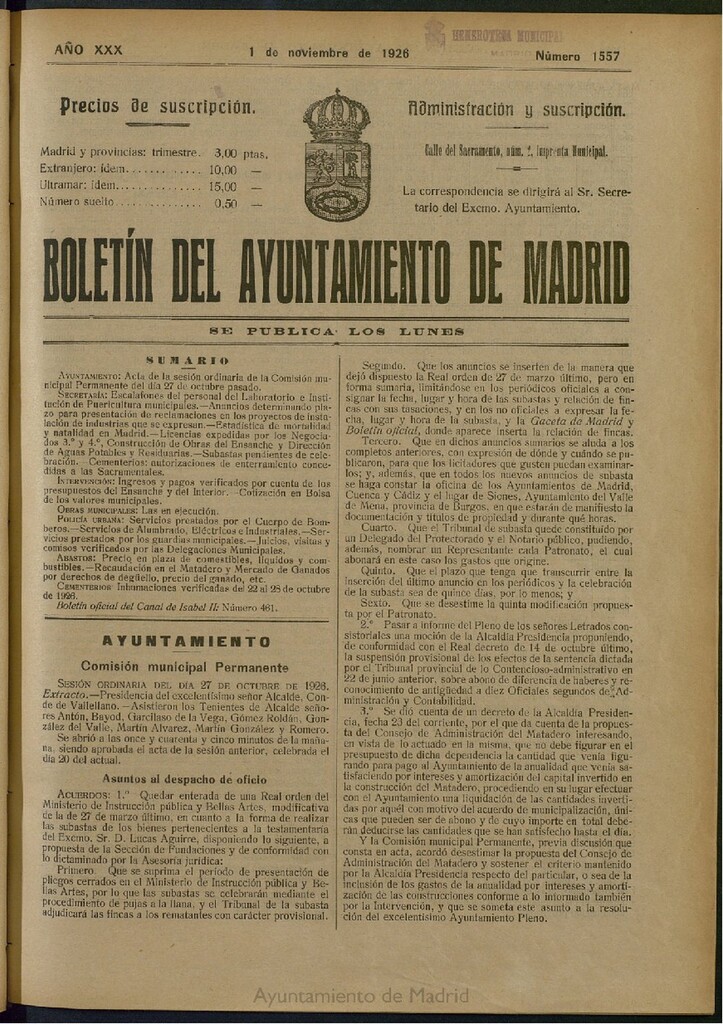 Miniatura de Boletín Oficial del Ayuntamiento de Madrid del 1 de noviembre de 1926, nº 1557