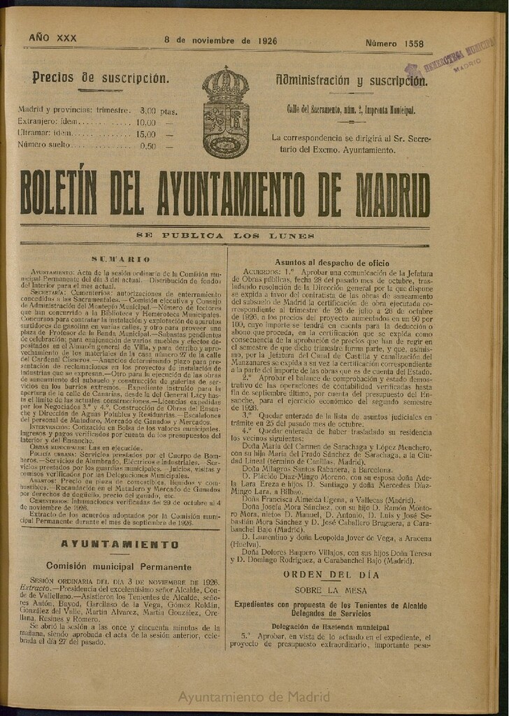 Miniatura de Boletín Oficial del Ayuntamiento de Madrid del 8 de noviembre de 1926, nº 1558