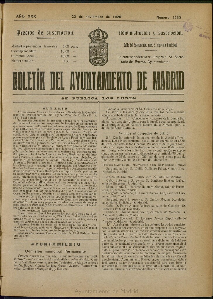Miniatura de Boletín Oficial del Ayuntamiento de Madrid del 22 de noviembre de 1926, nº 1560