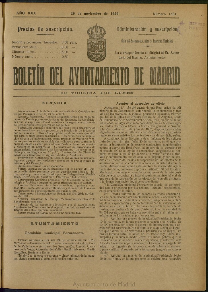 Miniatura de Boletín Oficial del Ayuntamiento de Madrid del 29 de noviembre de 1926, nº 1561