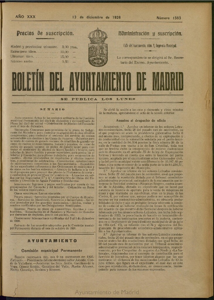 Miniatura de Boletín Oficial del Ayuntamiento de Madrid del 13 de diciembre de 1926, nº 1563
