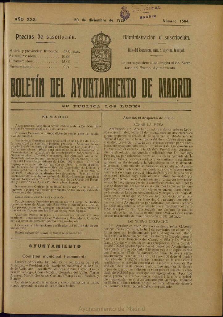 Miniatura de Boletín Oficial del Ayuntamiento de Madrid del 20 de diciembre de 1926, nº 1564