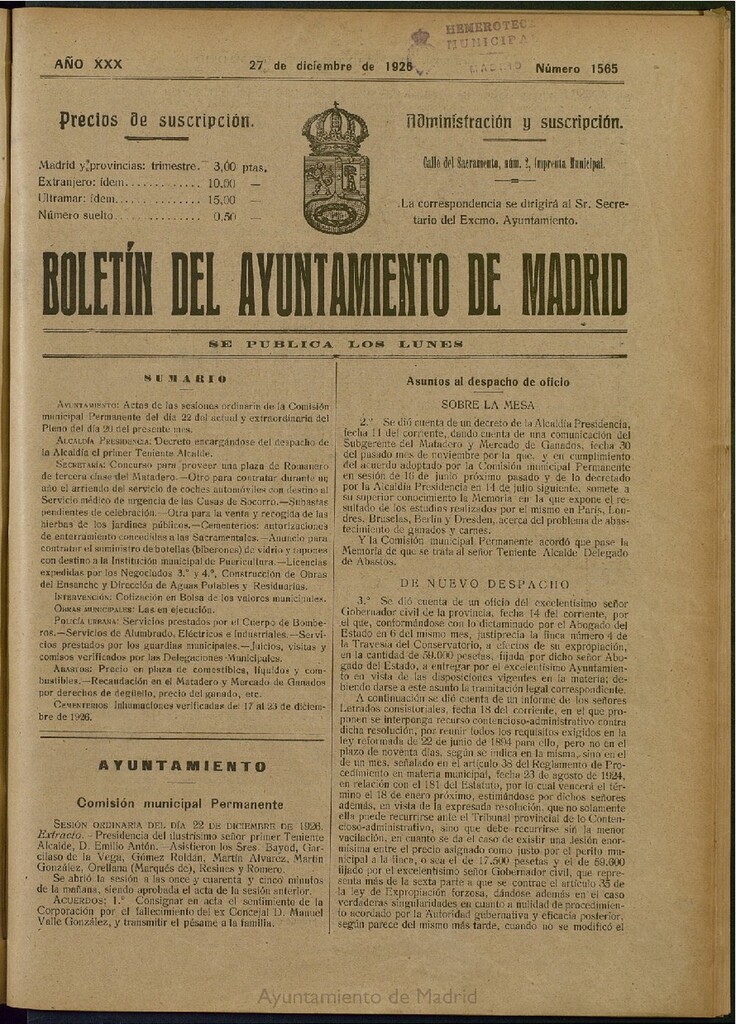 Miniatura de Boletín Oficial del Ayuntamiento de Madrid del 27 de diciembre de 1926, nº 1565