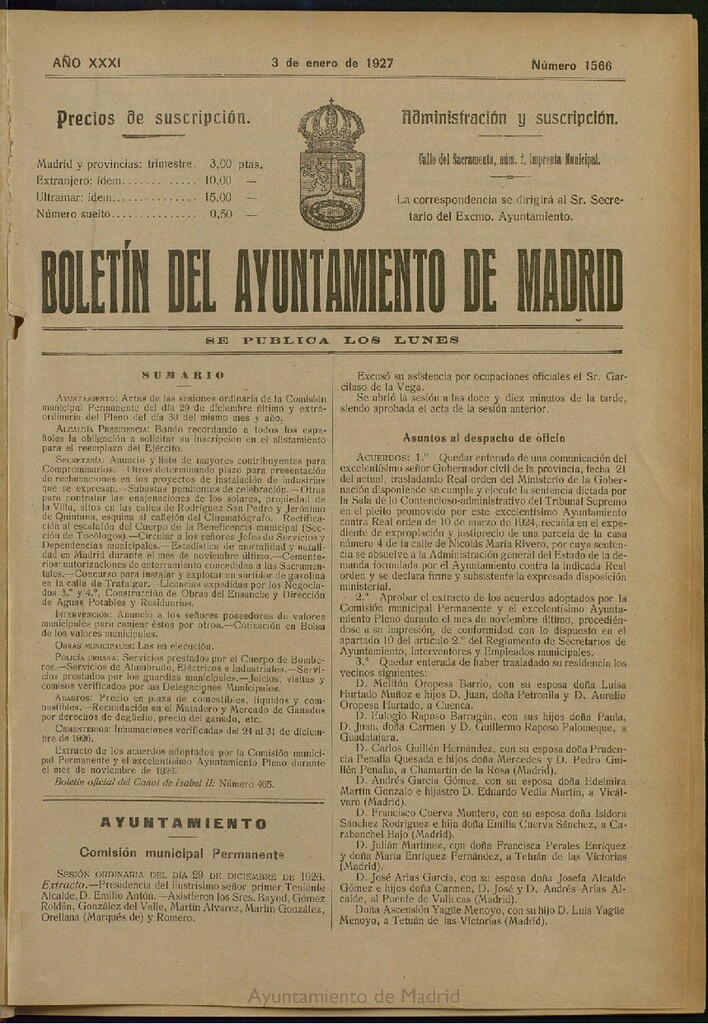 Miniatura de Boletín Oficial del Ayuntamiento de Madrid del 3 de enero de 1927, nº 1566