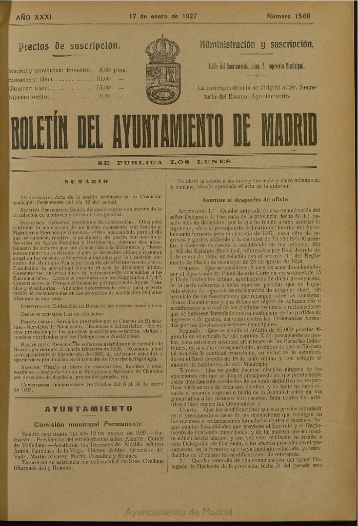 Miniatura de Boletín Oficial del Ayuntamiento de Madrid del 17 de enero de 1927, nº 1568