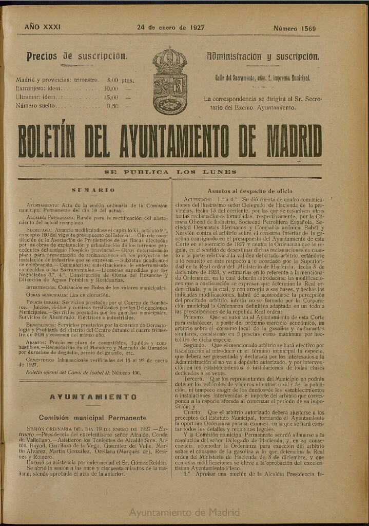 Miniatura de Boletín Oficial del Ayuntamiento de Madrid del 24 de enero de 1927, nº 1569
