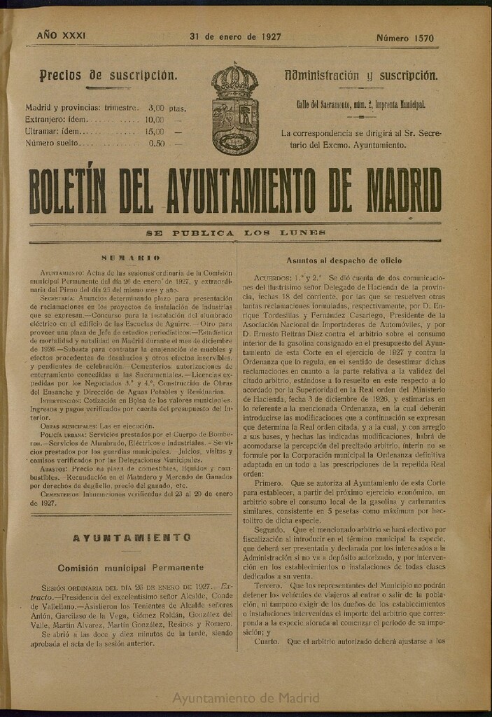Miniatura de Boletín Oficial del Ayuntamiento de Madrid del 31 de enero de 1927, nº 1570