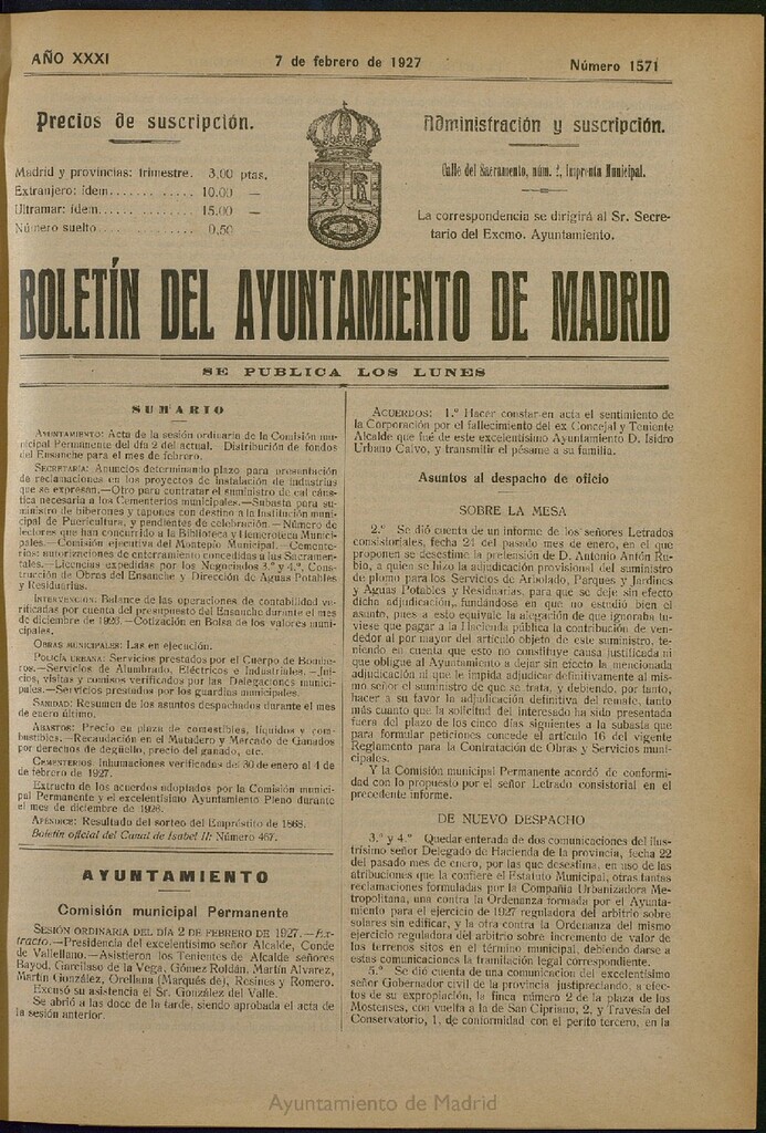 Miniatura de Boletín Oficial del Ayuntamiento de Madrid del 7 de febrero de 1927, nº 1571