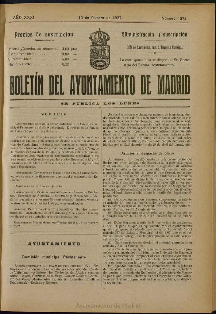 Miniatura de Boletín Oficial del Ayuntamiento de Madrid del 14 de febrero de 1927, nº 1572