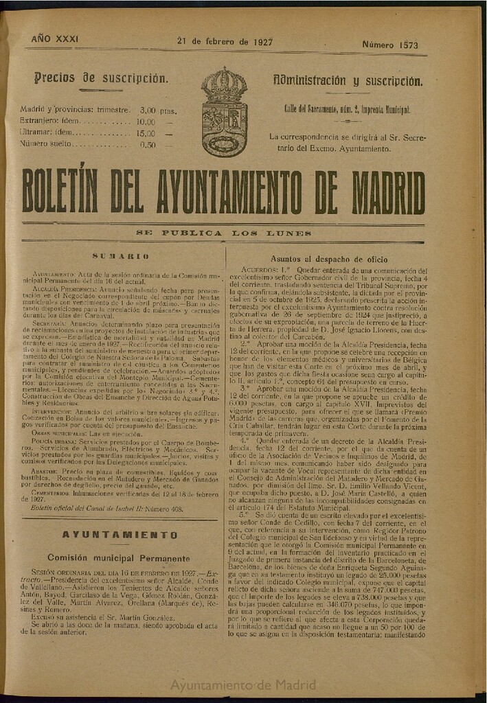 Miniatura de Boletín Oficial del Ayuntamiento de Madrid del 21 de febrero de 1927, nº 1573