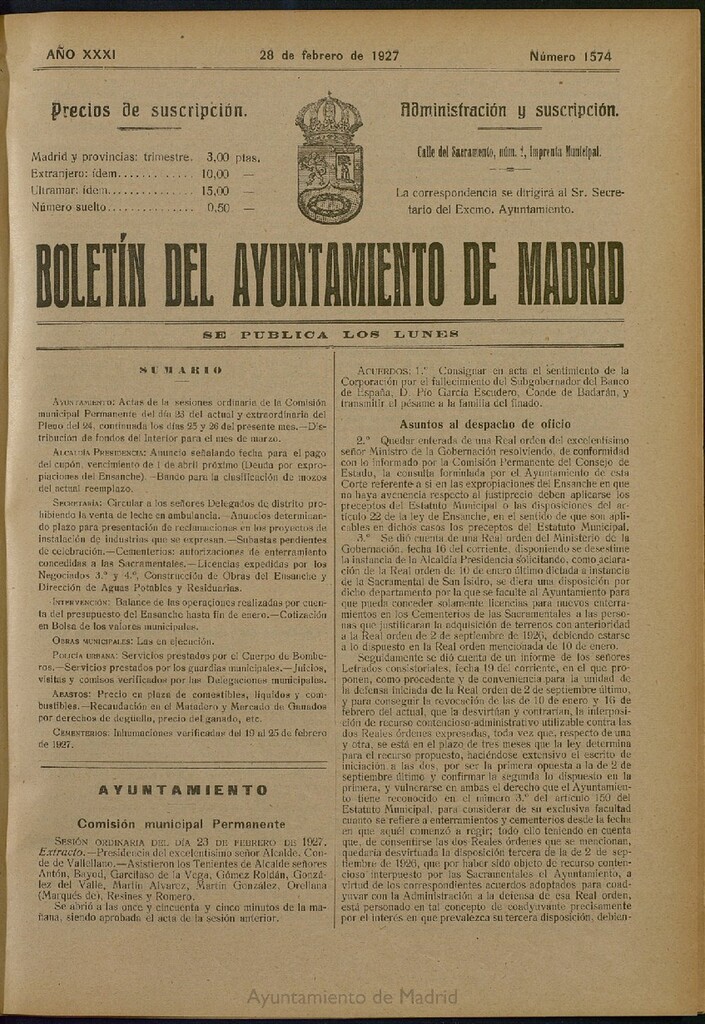 Miniatura de Boletín Oficial del Ayuntamiento de Madrid del 28 de febrero de 1927, nº 1574
