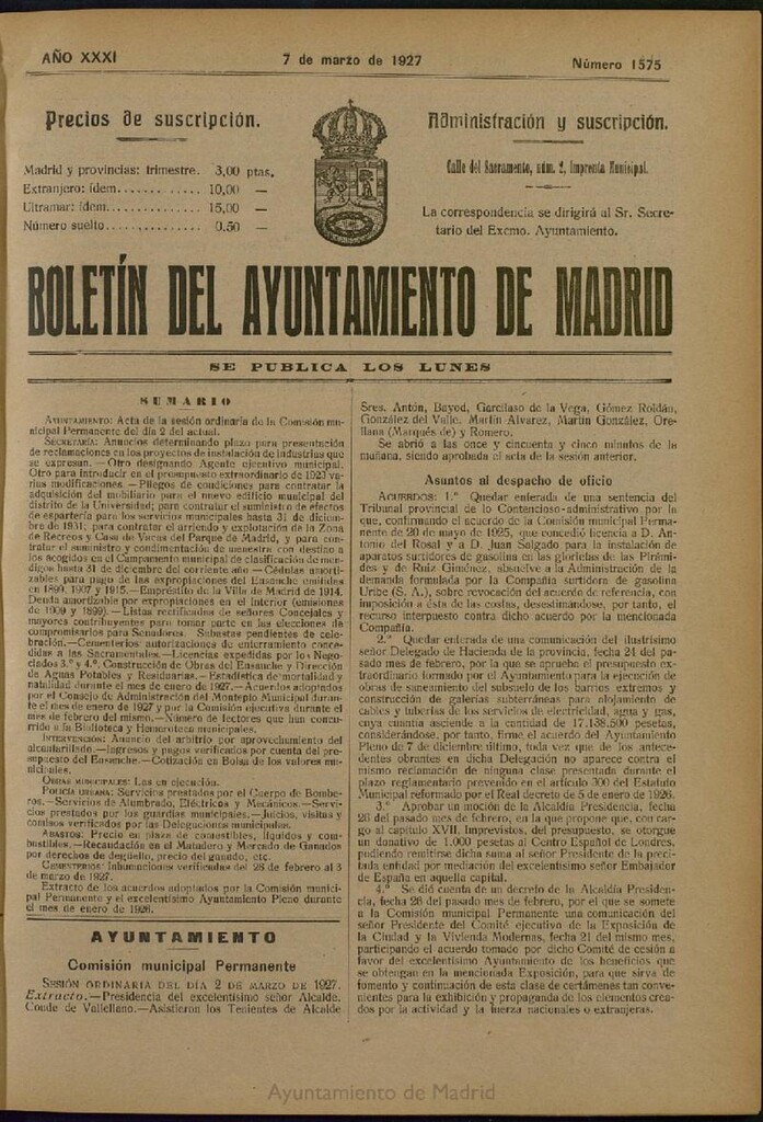 Miniatura de Boletín Oficial del Ayuntamiento de Madrid del 7 de marzo de 1927, nº 1575