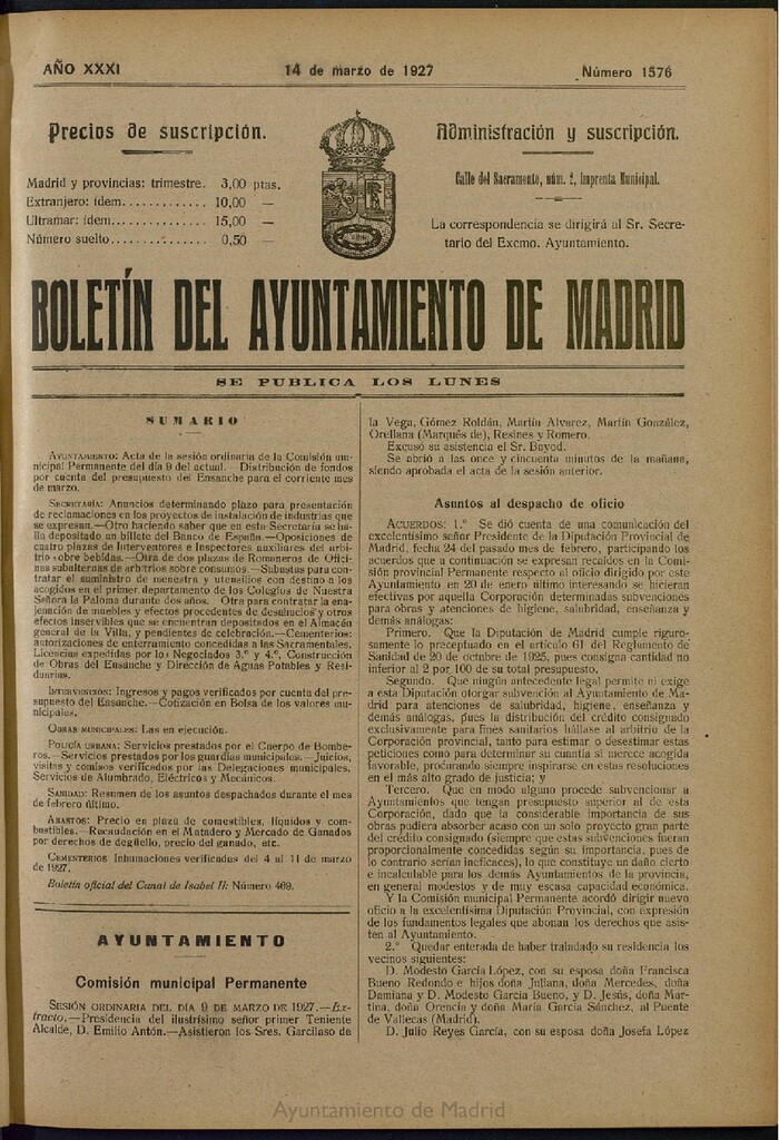 Miniatura de Boletín Oficial del Ayuntamiento de Madrid del 14 de marzo de 1927, nº 1576