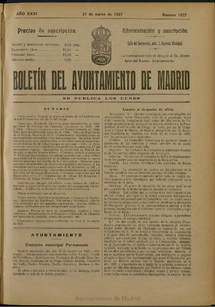 Miniatura de Boletín Oficial del Ayuntamiento de Madrid del 21 de marzo de 1927, nº 1577