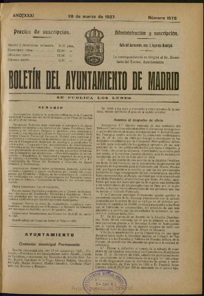 Miniatura de Boletín Oficial del Ayuntamiento de Madrid del 28 de marzo de 1927, nº 1578