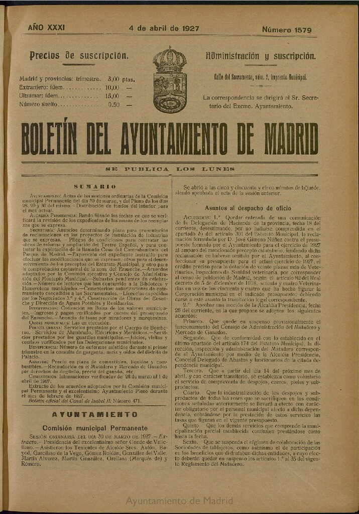 Miniatura de Boletín Oficial del Ayuntamiento de Madrid del 4 de abril de 1927, nº 1579