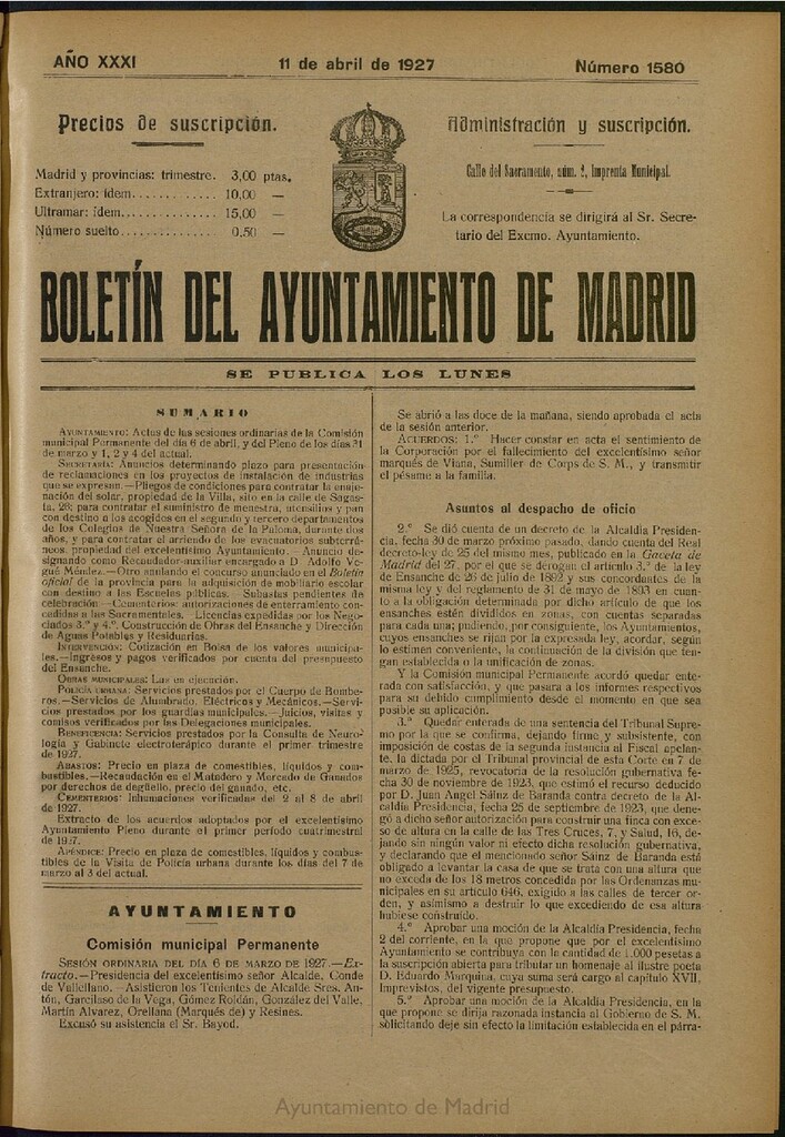 Miniatura de Boletín Oficial del Ayuntamiento de Madrid del 11 de abril de 1927, nº 1580