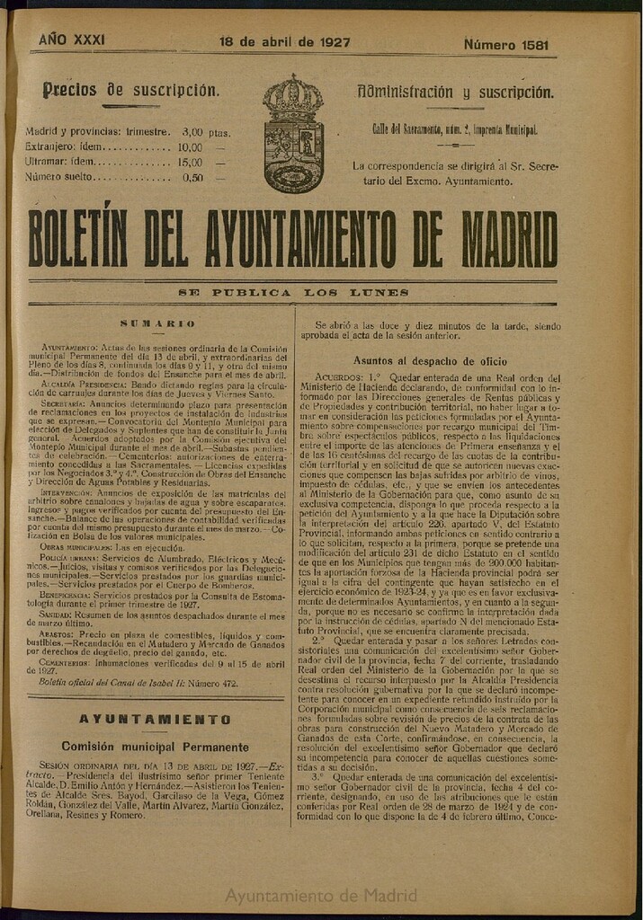 Miniatura de Boletín Oficial del Ayuntamiento de Madrid del 18 de abril de 1927, nº 1581