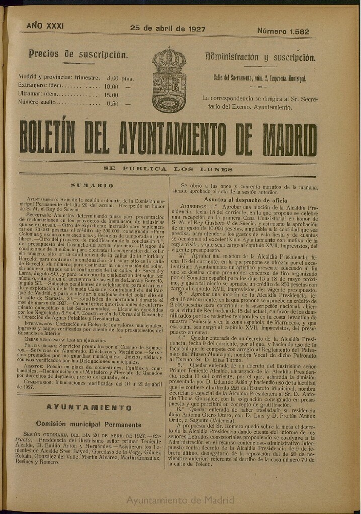 Miniatura de Boletín Oficial del Ayuntamiento de Madrid del 25 de abril de 1927, nº 1582