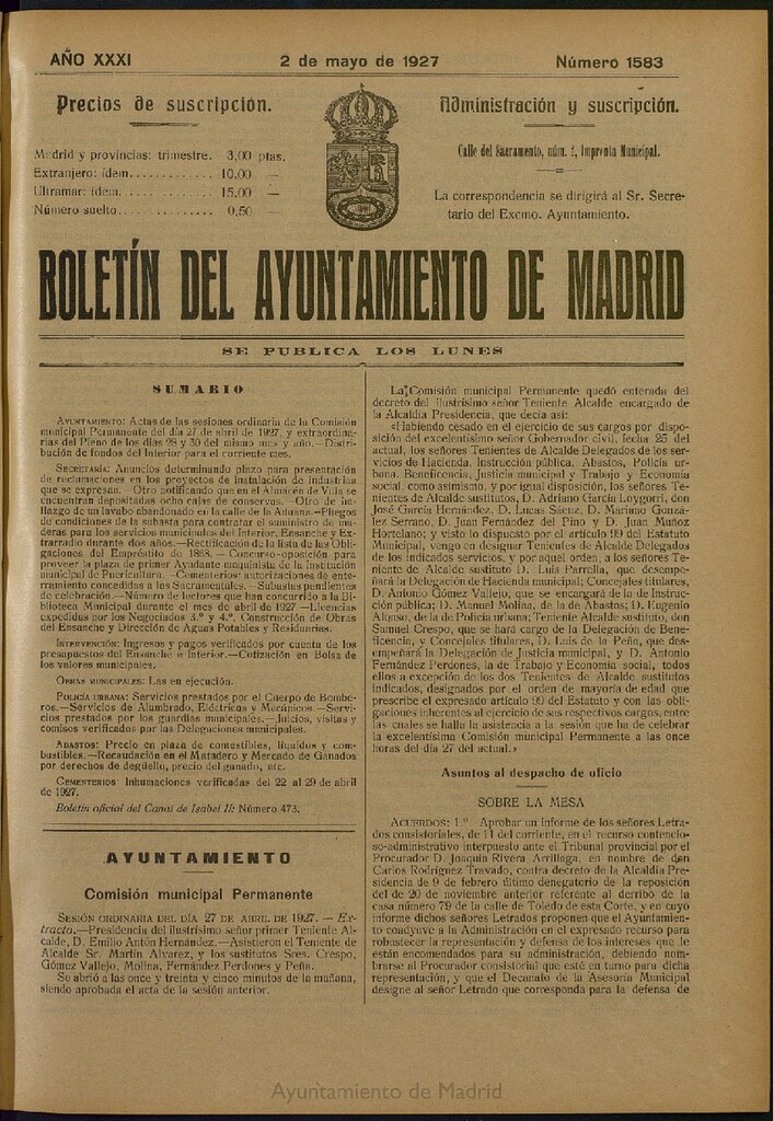 Miniatura de Boletín Oficial del Ayuntamiento de Madrid del 2 de mayo de 1927, nº 1583