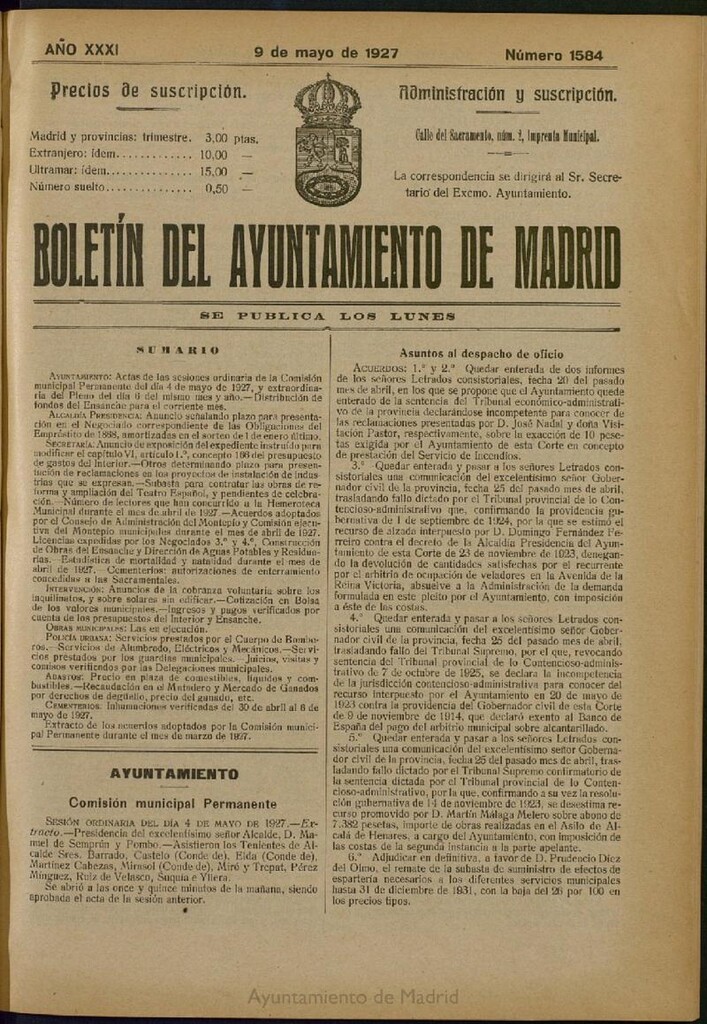 Miniatura de Boletín Oficial del Ayuntamiento de Madrid del 9 de mayo de 1927, nº 1584