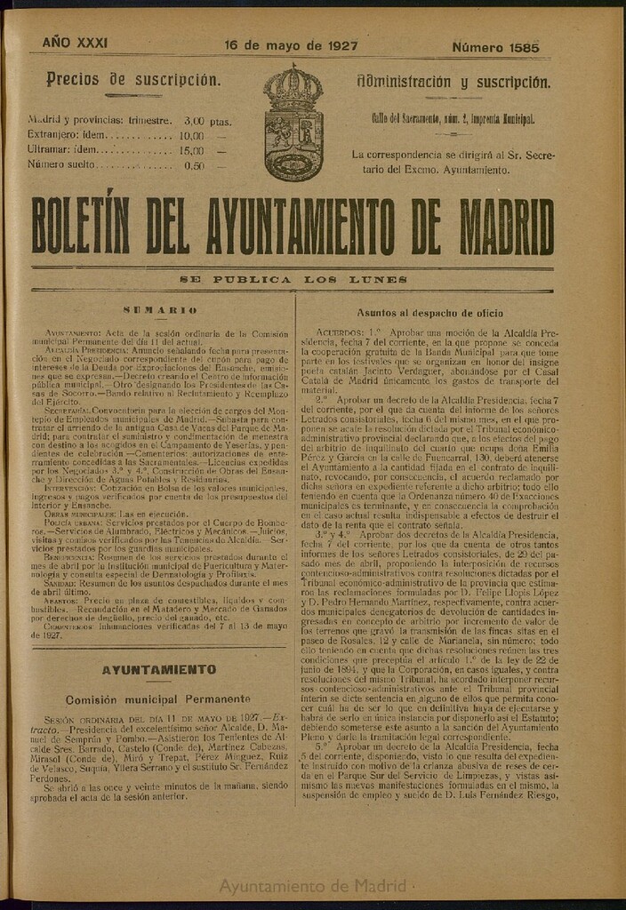 Miniatura de Boletín Oficial del Ayuntamiento de Madrid del 16 de mayo de 1927, nº 1585