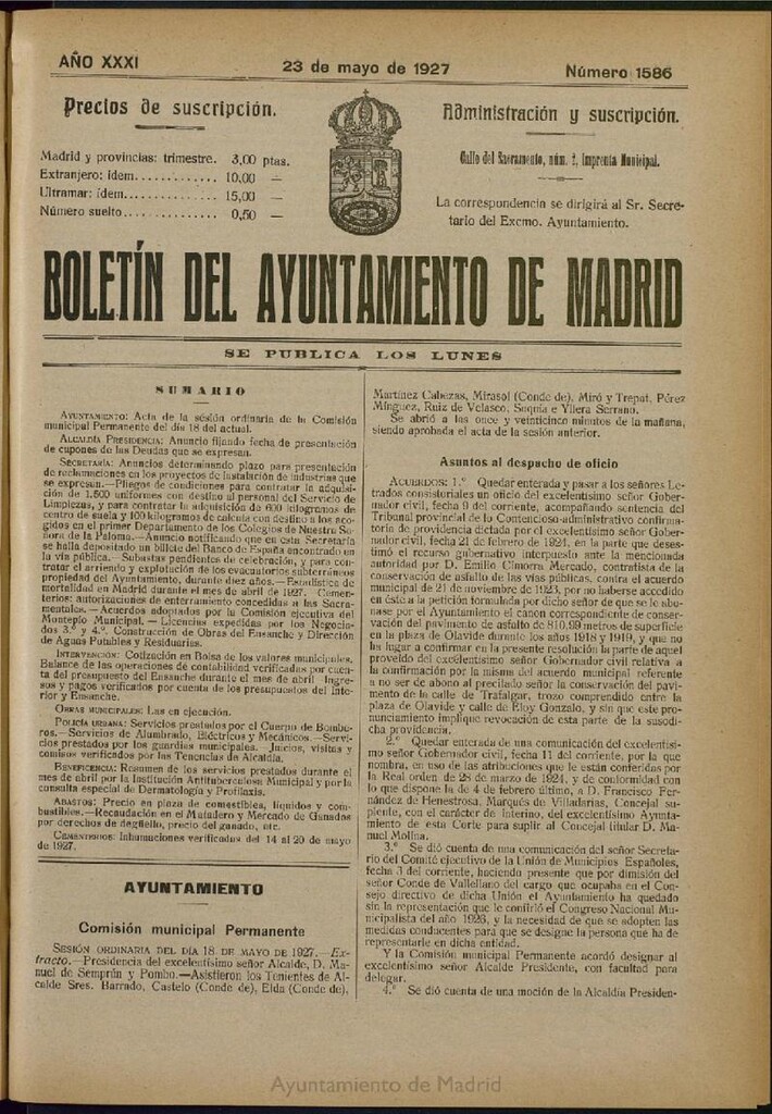 Miniatura de Boletín Oficial del Ayuntamiento de Madrid del 23 de mayo de 1927, nº 1586