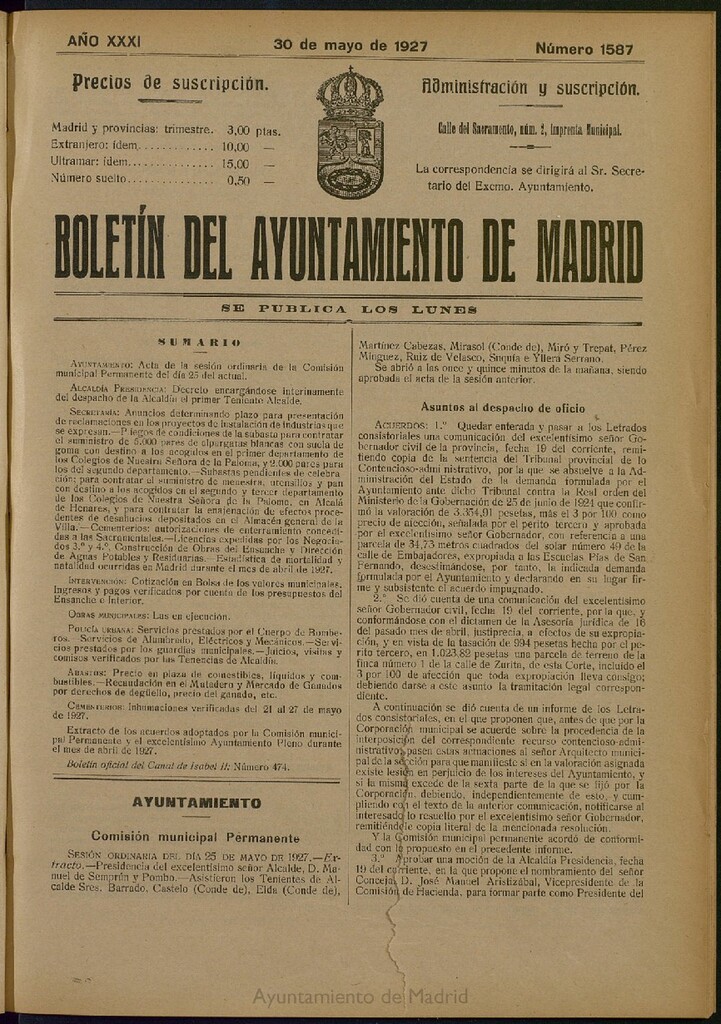 Miniatura de Boletín Oficial del Ayuntamiento de Madrid del 30 de mayo de 1927, nº 1587