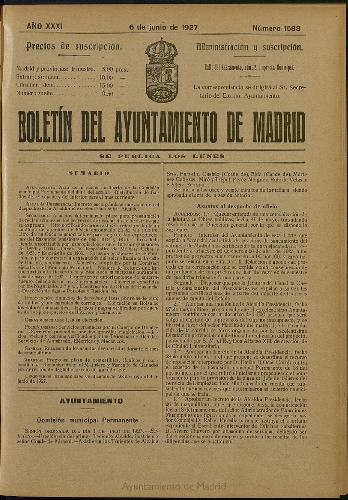 Miniatura de Boletín Oficial del Ayuntamiento de Madrid del 6 de junio de 1927, nº 1588