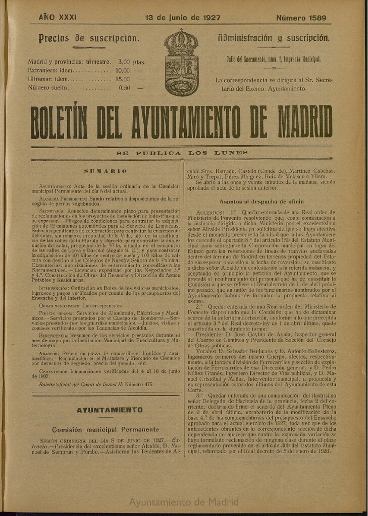 Miniatura de Boletín Oficial del Ayuntamiento de Madrid del 13 de junio de 1927, nº 1589