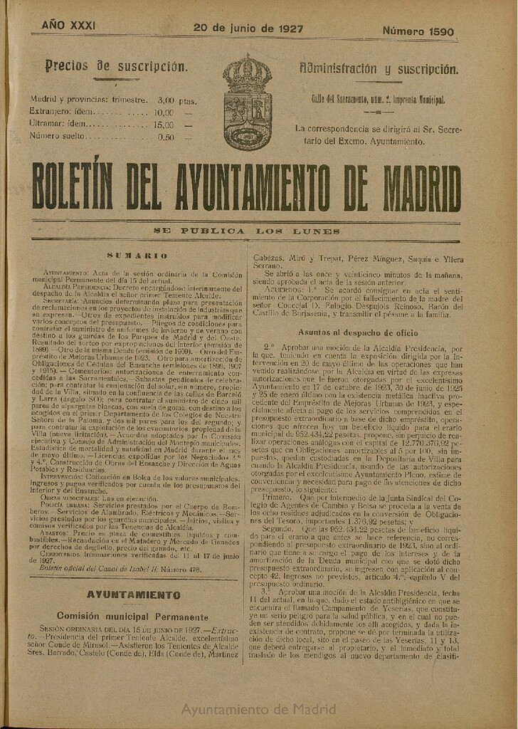 Miniatura de Boletín Oficial del Ayuntamiento de Madrid del 20 de junio de 1927, nº 1590
