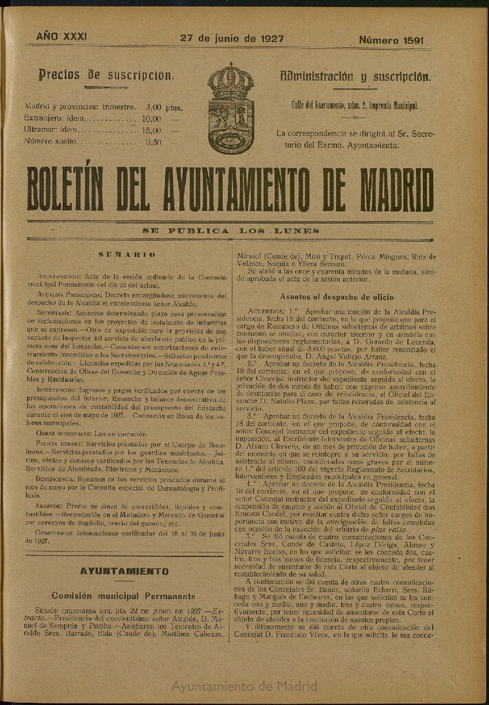 Miniatura de Boletín Oficial del Ayuntamiento de Madrid del 27 de junio de 1927, nº 1591