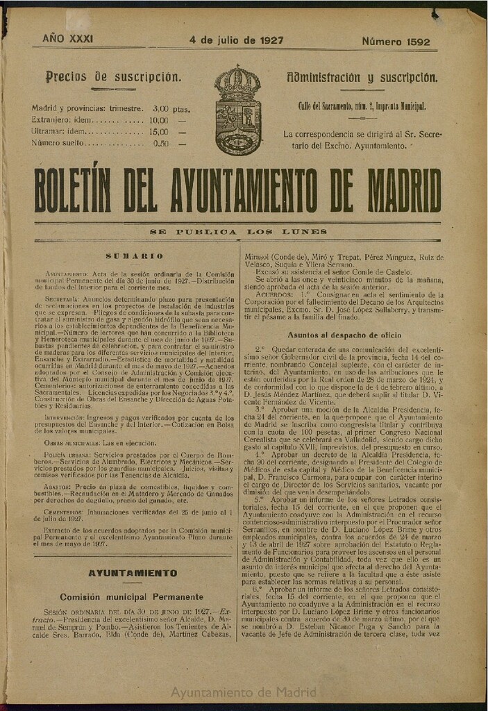 Miniatura de Boletín Oficial del Ayuntamiento de Madrid del 4 de julio de 1927, nº 1592