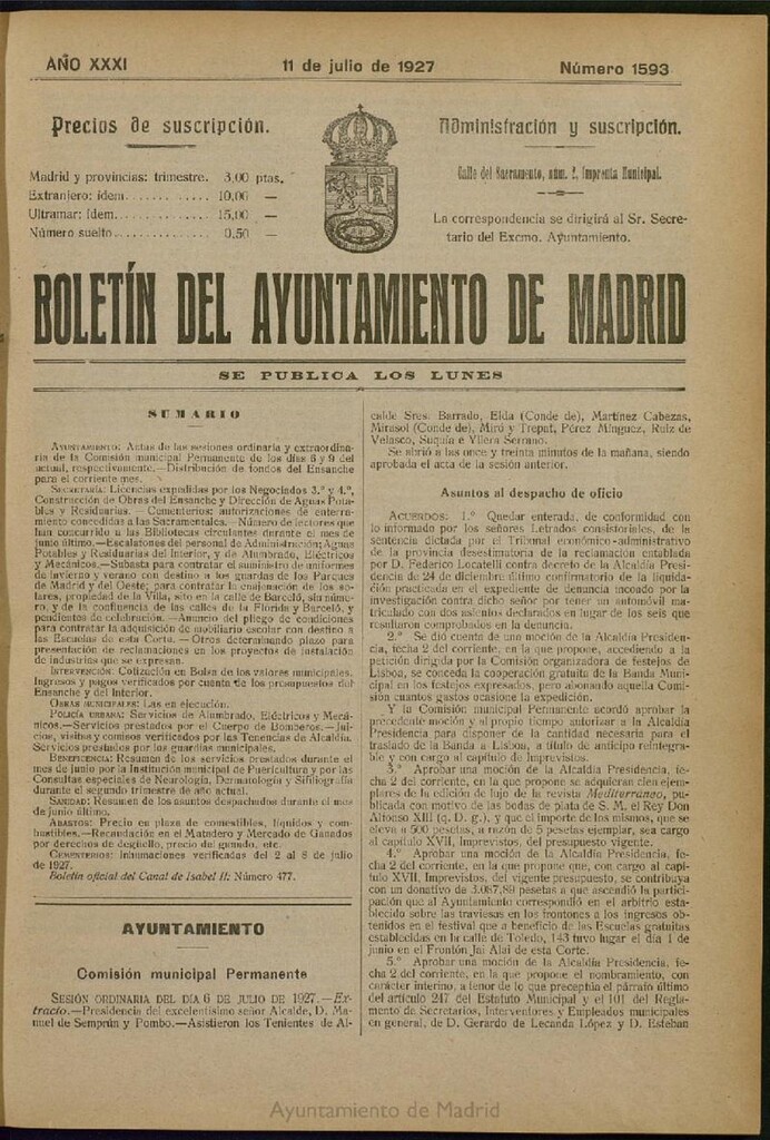 Miniatura de Boletín Oficial del Ayuntamiento de Madrid del 11 de julio de 1927, nº 1593