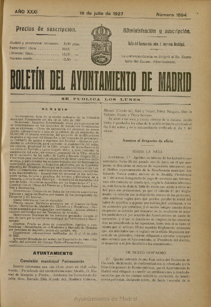 Miniatura de Boletín Oficial del Ayuntamiento de Madrid del 18 de julio de 1927, nº 1594