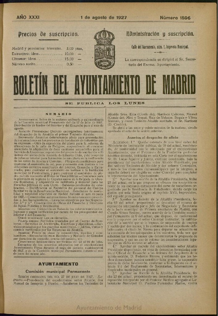 Miniatura de Boletín Oficial del Ayuntamiento de Madrid del 1 de agosto de 1927, nº 1596