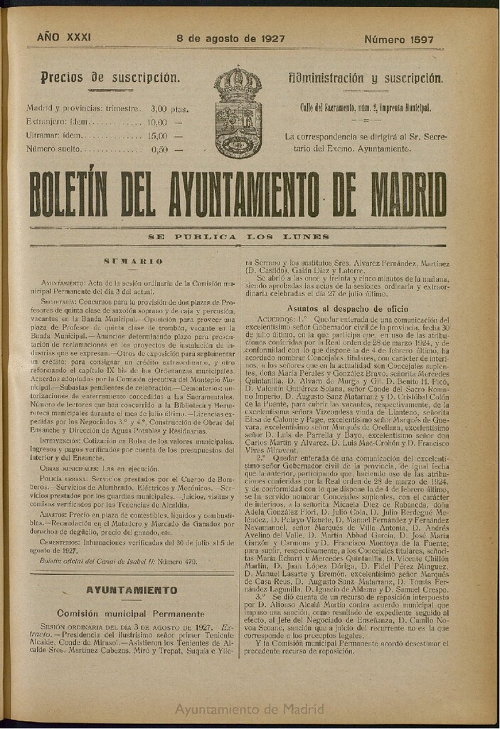 Miniatura de Boletín Oficial del Ayuntamiento de Madrid del 8 de agosto de 1927, nº 1597