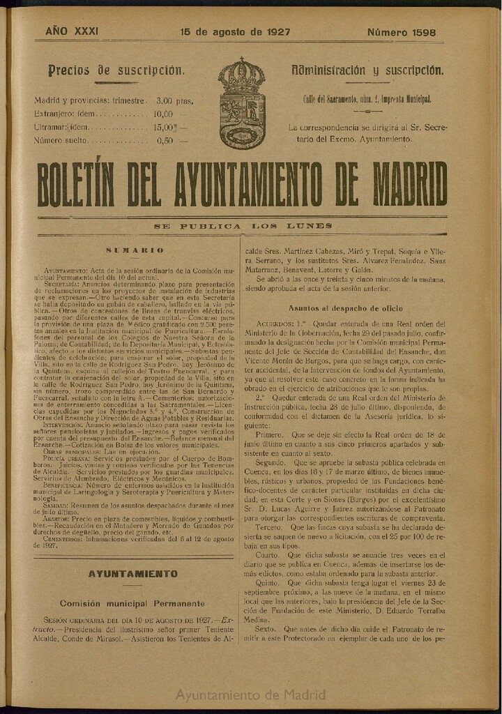 Miniatura de Boletín Oficial del Ayuntamiento de Madrid del 15 de agosto de 1927, nº 1598