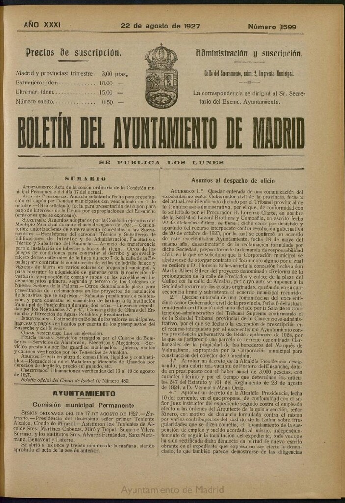 Miniatura de Boletín Oficial del Ayuntamiento de Madrid del 22 de agosto de 1927, nº 1599