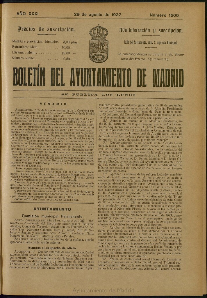 Miniatura de Boletín Oficial del Ayuntamiento de Madrid del 29 de agosto de 1927, nº 1600