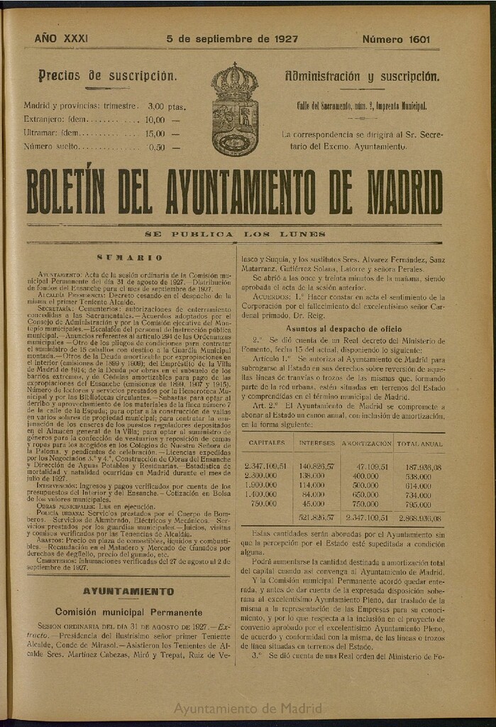 Miniatura de Boletín Oficial del Ayuntamiento de Madrid del 5 de septiembre de 1927, nº 1601