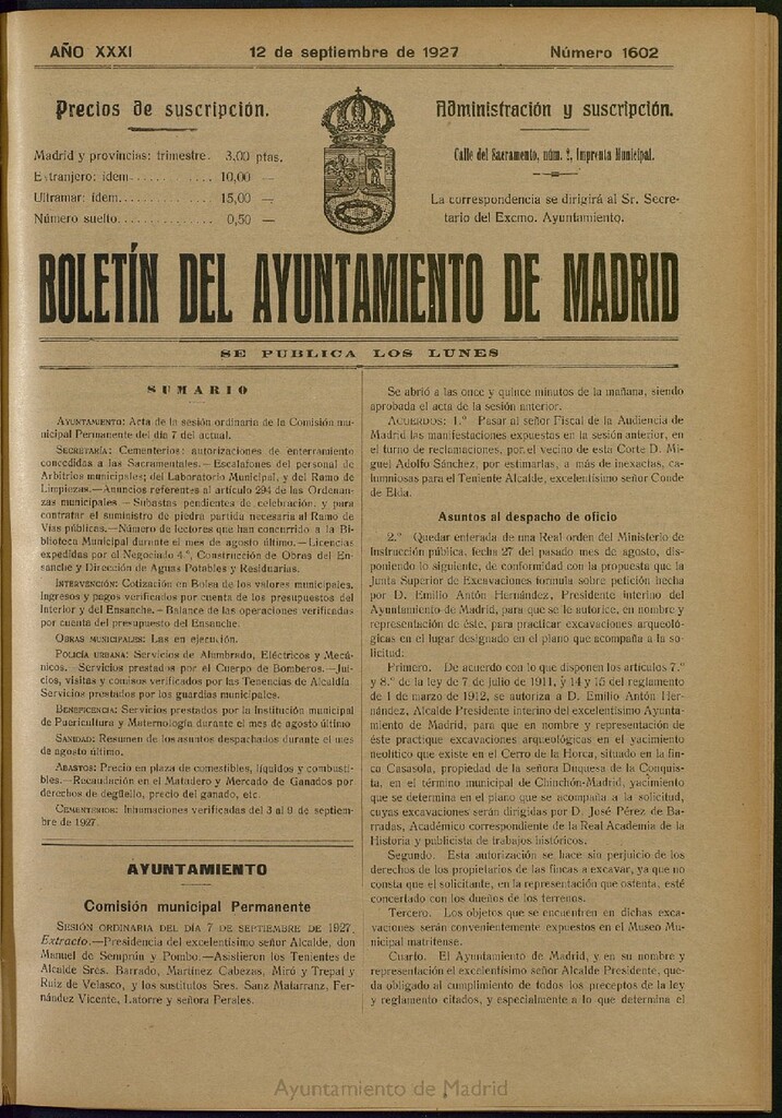 Miniatura de Boletín Oficial del Ayuntamiento de Madrid del 12 de septiembre de 1927, nº 1602