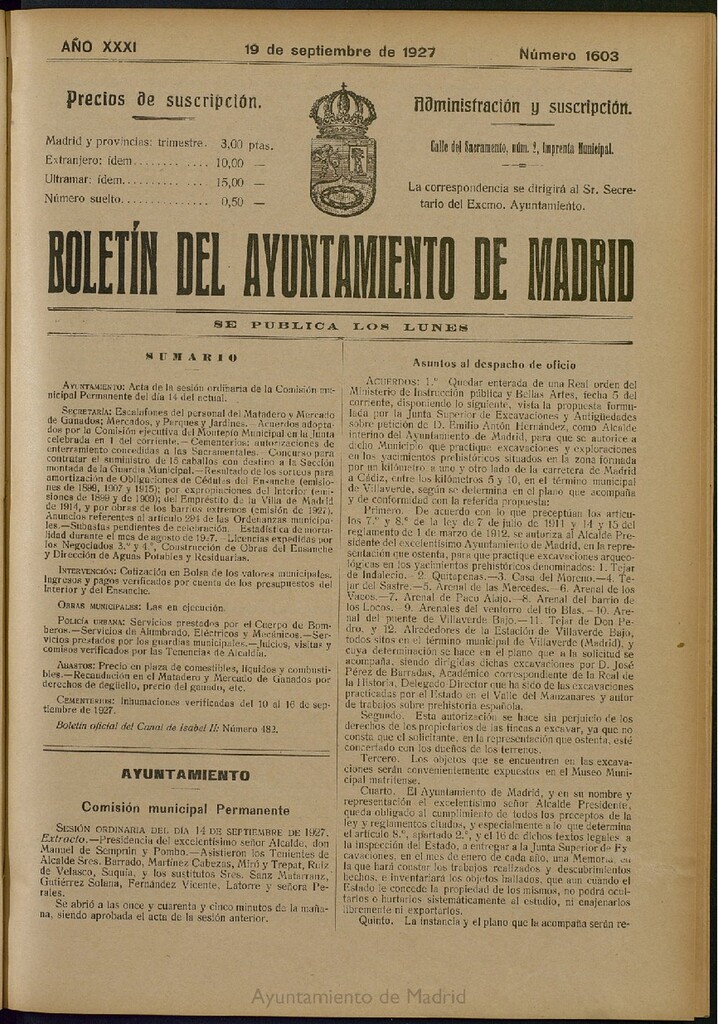 Miniatura de Boletín Oficial del Ayuntamiento de Madrid del 19 de septiembre de 1927, nº 1603