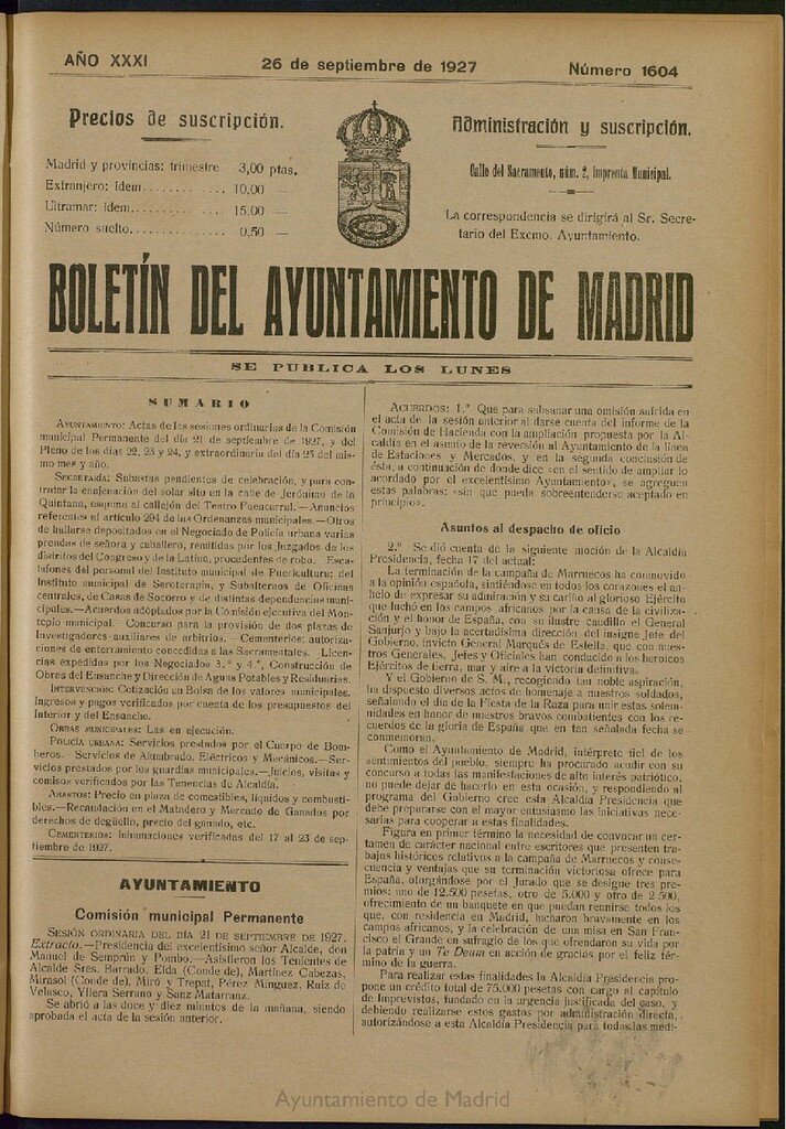 Miniatura de Boletín Oficial del Ayuntamiento de Madrid del 26 de septiembre de 1927, nº 1604