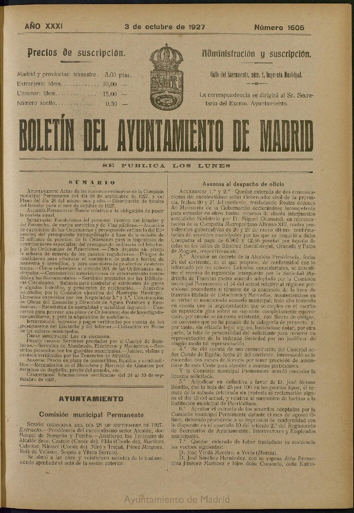 Miniatura de Boletín Oficial del Ayuntamiento de Madrid del 3 de octubre de 1927, nº 1605