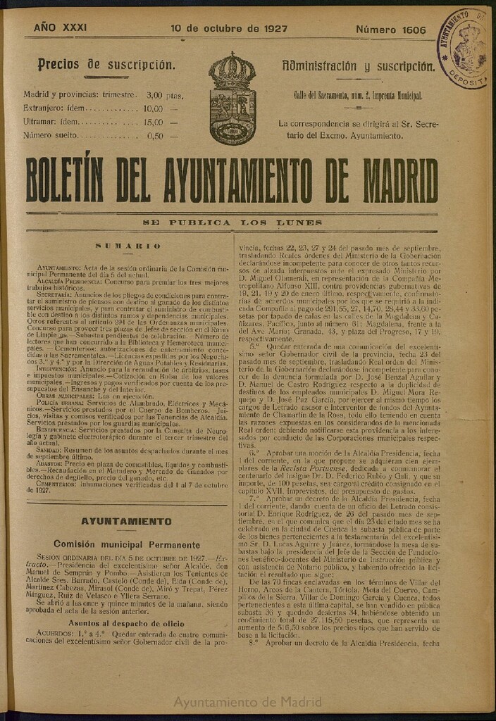 Miniatura de Boletín Oficial del Ayuntamiento de Madrid del 10 de octubre de 1927, nº 1606