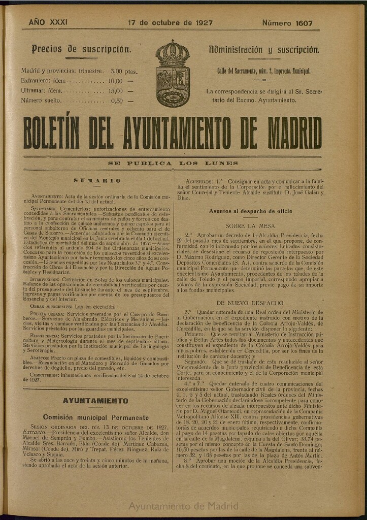 Miniatura de Boletín Oficial del Ayuntamiento de Madrid del 17 de octubre de 1927, nº 1607