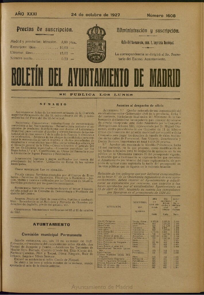 Miniatura de Boletín Oficial del Ayuntamiento de Madrid del 24 de octubre de 1927, nº 1608