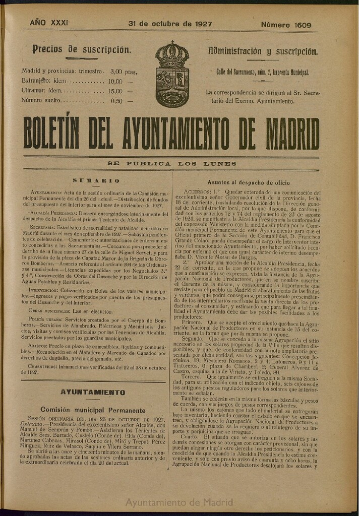 Miniatura de Boletín Oficial del Ayuntamiento de Madrid del 31 de octubre de 1927, nº 1609